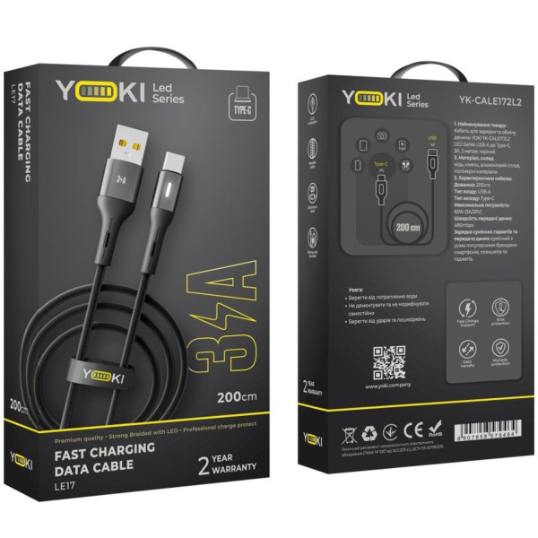 Фото - Кабель синхронізації даних YOKI LED Type-C 3A 2m Black (YK-LE17)