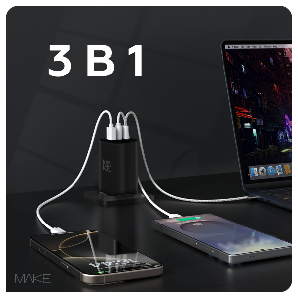 Фото - Сетевое зарядное устройство MAKE 65W GaN 2xPD + QC3.0 Black (MCW-6531GBK)