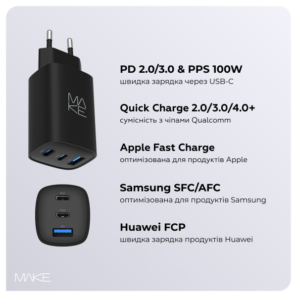 Фото - Сетевое зарядное устройство MAKE 65W GaN 2xPD + QC3.0 Black (MCW-6531GBK)