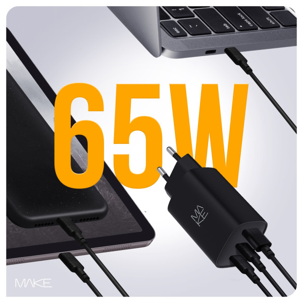Фото - Сетевое зарядное устройство MAKE 65W GaN 2xPD + QC3.0 Black (MCW-6531GBK)