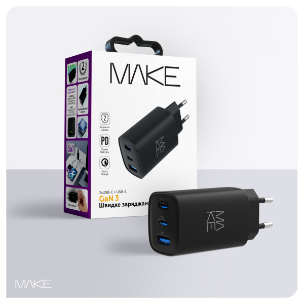 Фото - Сетевое зарядное устройство MAKE 65W GaN 2xPD + QC3.0 Black (MCW-6531GBK)