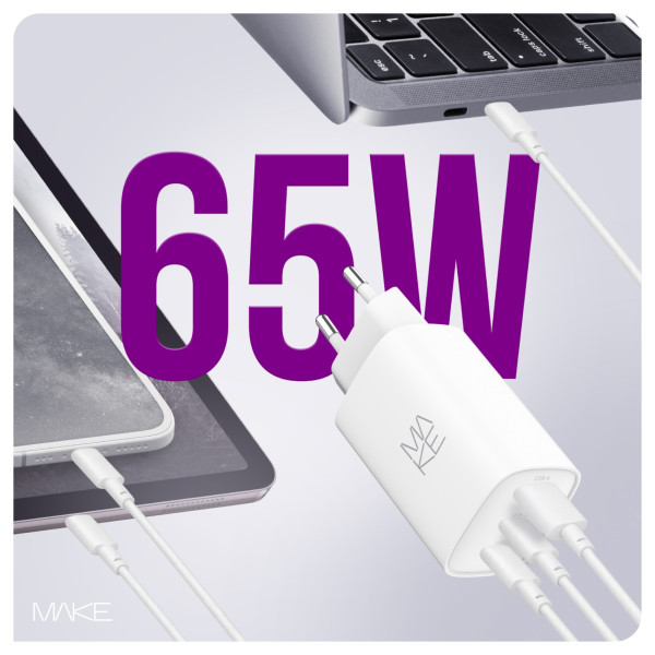 Фото - Мережевий зарядний пристрій MAKE 65W GaN 2xPD + QC3.0 White (MCW-6531GWH)