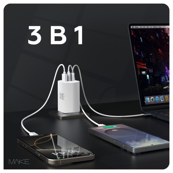 Фото - Мережевий зарядний пристрій MAKE 65W GaN 2xPD + QC3.0 White (MCW-6531GWH)