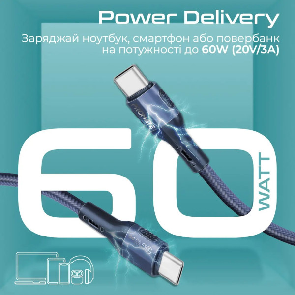 Фото - Кабель синхронізації даних Promate USB-C - USB-C (fletchlink-cc.blue)