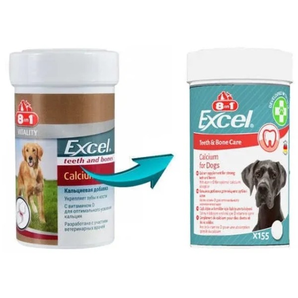 Фото - Вітамінна добавка для собак 8in1 Кальцій Excel Calcium 155 таб/100 мл (4048422109402)