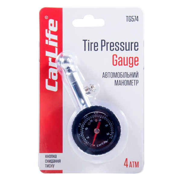 Фото - Манометр автомобільний CarLife 4 Атм, металевий з гумовим покриттям (TG574)