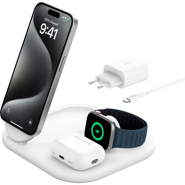 Фото - Бездротовий зарядний пристрій Belkin 3в1 Magnetic Foldable Qi2 White (WIZ029VFWH)