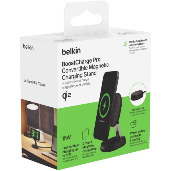 Фото - Беспроводное зарядное устройство Belkin 15Вт Magnetic Stand Qi2, адаптер 20Вт USB-C Black (WIA008VFBK)
