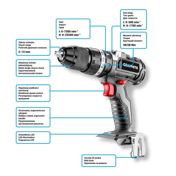 Фото - Дриль-шуруповерт GRAPHITE Energy+ без АКБ та ЗП (58G020)