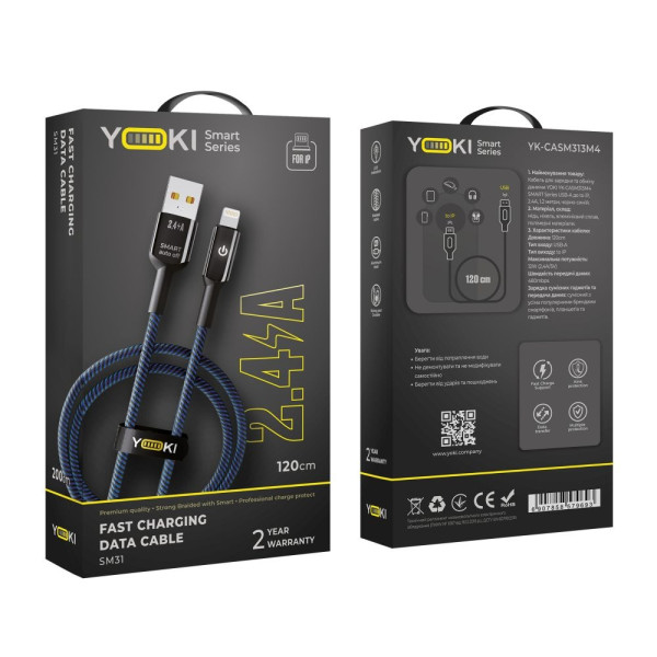 Фото - Кабель синхронізації даних YOKI SMART Lightning 2.4A 1.2m Black-Blue (YK-SM31)