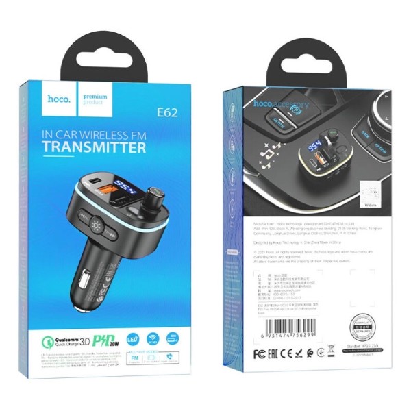 Фото - FM модулятор HOCO E62 Fast PD20W+QC3.0 car BT FM transmitter Black (6931474756299)