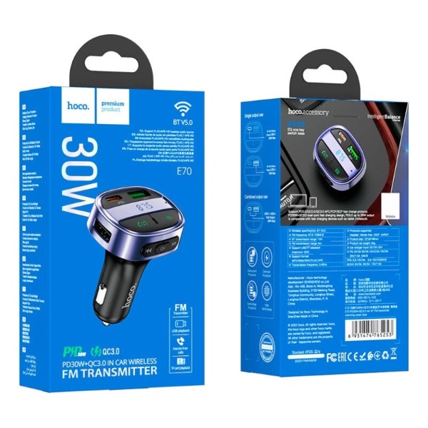 Фото - FM модулятор HOCO E70 PD30W+QC3.0 car BT FM transmitter Magic Night (6931474765246)