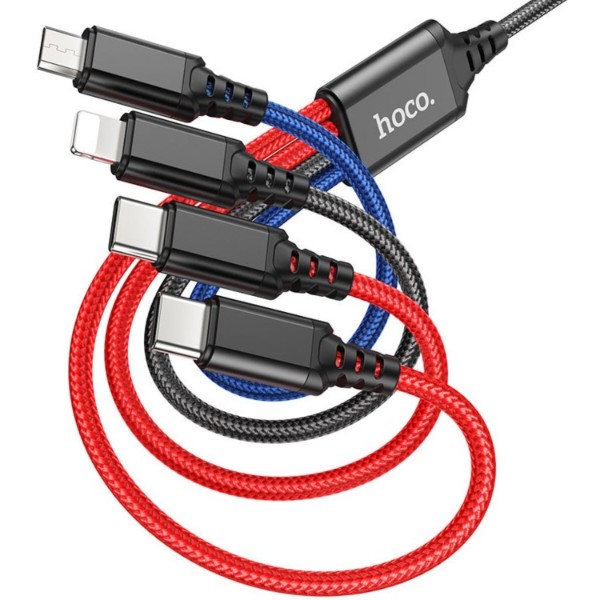 Фото - Кабель HOCO X76 USB to iP+Type-C+Type-C+Micro 2A, 1m Black+Red+Blue (6931474768650)