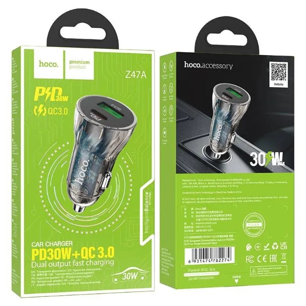 Фото - Автомобільний зарядний пристрій HOCO Z47A Transparent Discovery Edition dual port PD30W+QC3.0 Transparent Black (6931474782274)