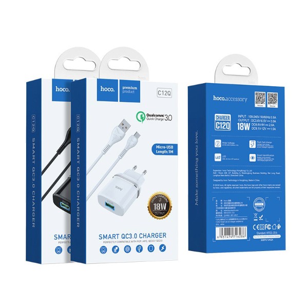 Фото - Мережевий зарядний пристрій HOCO C12Q Smart QC3.0 charger set(Micro) 18W Black (6931474716279)