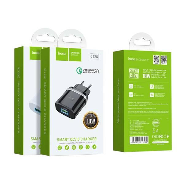 Фото - Мережевий зарядний пристрій HOCO C12Q Smart QC3.0 charger 18W Black (6931474716255)