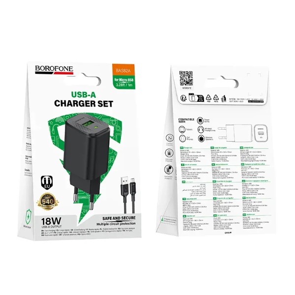 Фото - Мережевий зарядний пристрій BOROFONE BAS82A Star single port QC3.0 charger set (Micro) (EU) Black (6941991126727)