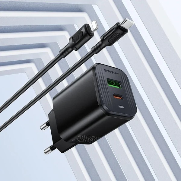 Фото - Мережевий зарядний пристрій BOROFONE BAS83A Star PD20W+QC3.0 charger set (C to iP) (EU) Black (6941991126789)