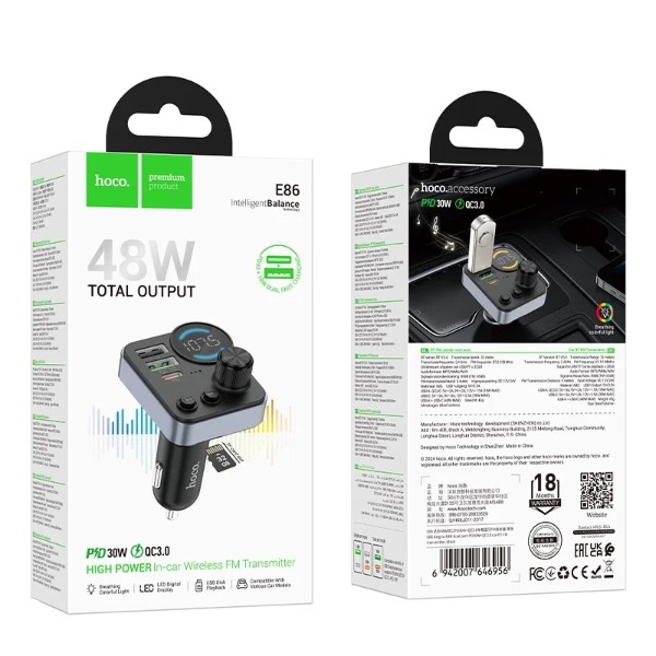 Фото - FM модулятор HOCO E86 Alegria 48W dual port PD30W+QC3.0 car BT Black (6942007646956)