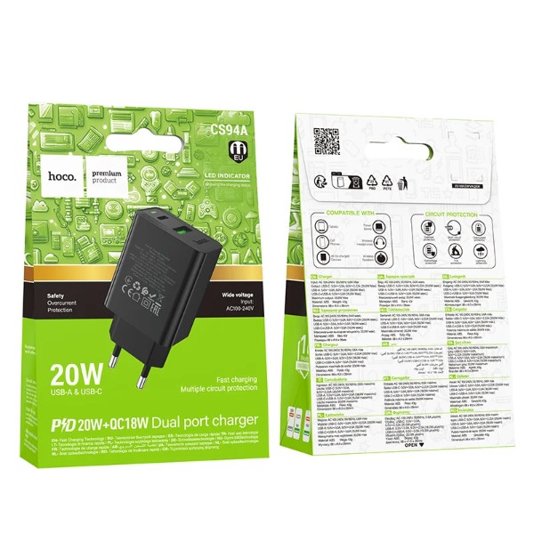 Фото - Сетевое зарядное устройство HOCO CS94A Leader PD20W+QC3.0 charger(EU) Black (6942007671101)