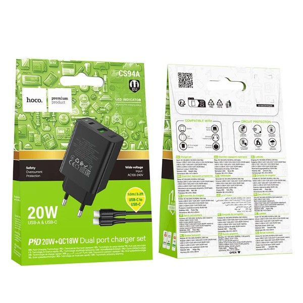 Фото - Сетевое зарядное устройство HOCO CS94A Leader PD20W+QC3.0 charger set(C to C) Black (6942007671118)