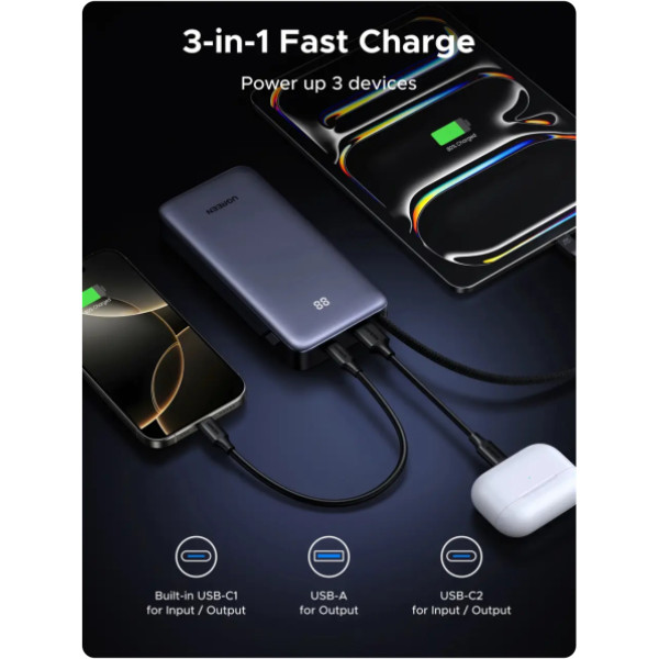 Фото - Батарея мобільна UGREEN 45W 20000 mAh Power Bank with Built-in Cable PB536 Gray (55988B)