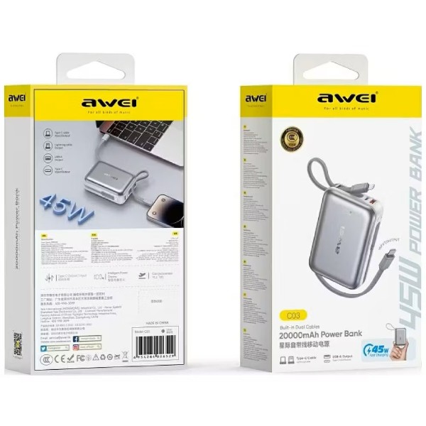 Фото - Батарея мобильная Awei C03 20000mAh 45W PD QC USB-A/USB-C Silver (6954284026529)