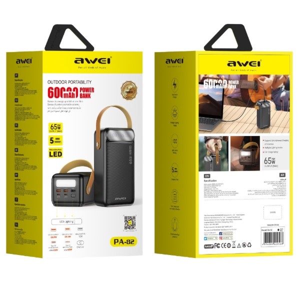 Фото - Батарея мобильная Awei PA-82 60000mAh 65W PD 2xUSB-A/USB-C Black (6954284029568)