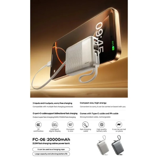 Фото - Батарея мобильная Remax 22.5W 20000mAh FC-06 grey (6954851238874)