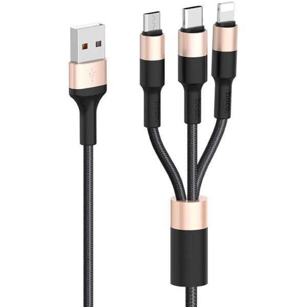 Фото - Кабель синхронізації даних HOCO X26 USB to iP+Type-C+Micro 2A, 1m Black+Gold (6957531080275)