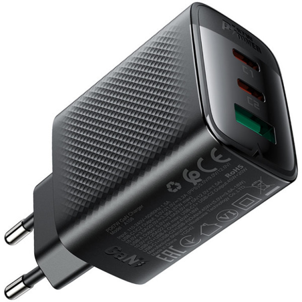 Фото - Мережевий зарядний пристрій AceFast 3xUSB 67W (2xUSB-C+USB-C) Gan A108 Fast Charger Black (6974316284048)