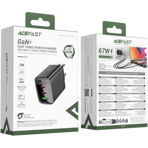 Фото - Мережевий зарядний пристрій AceFast 3xUSB 67W (2xUSB-C+USB-C) Gan A108 Fast Charger Black (6974316284048)