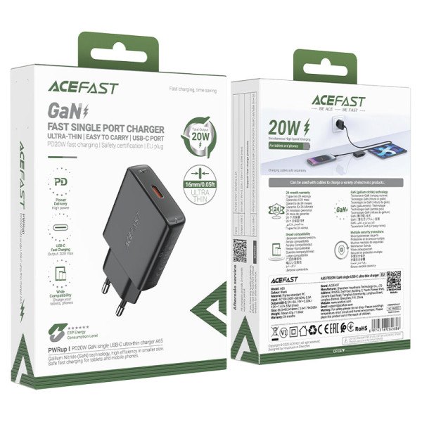 Фото - Сетевое зарядное устройство AceFast A65 PD20W GaN single USB-C ultra-thin charger Black (6974316282686)