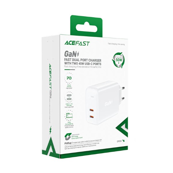 Фото - Мережевий зарядний пристрій AceFast A29 PD50W GaN (USB-C+USB-C) White (6974316281450)