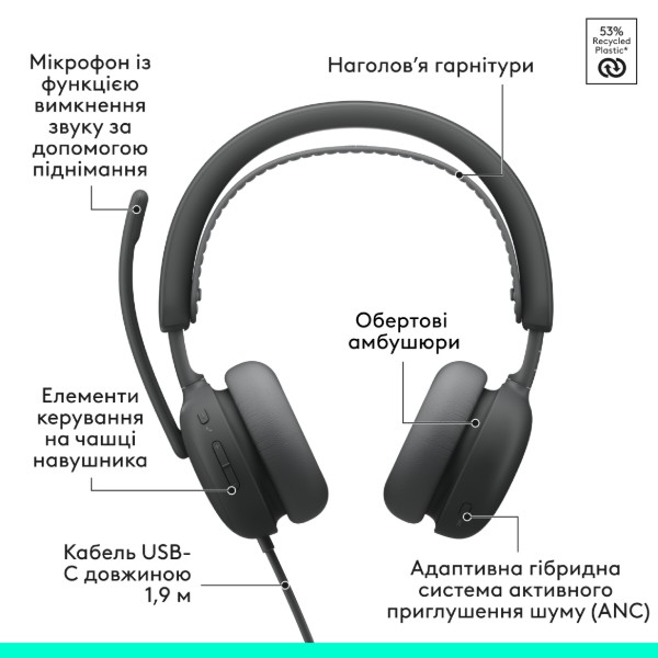 Фото - Гарнітура дротова Logitech Zone Wired 2 USB Graphite (981-001619)