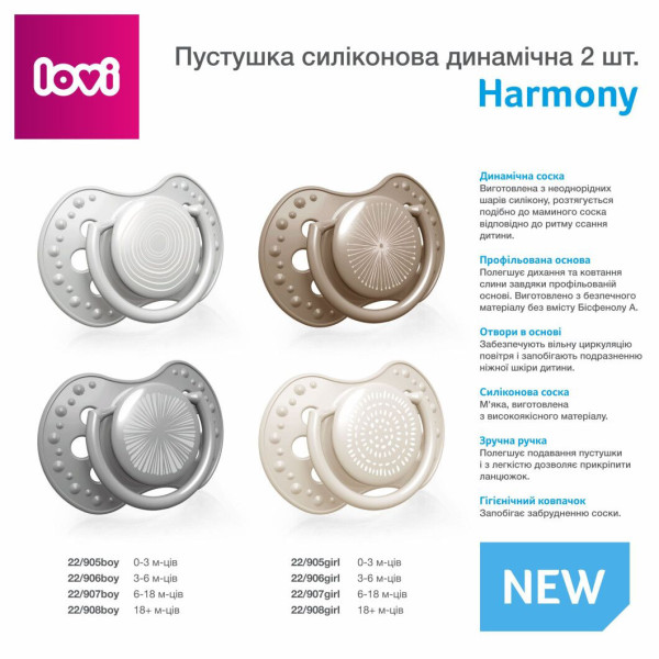 Фото - Симметричная пустышка Lovi Harmony Boy 0-3 мес 2 шт. (22/905boy)