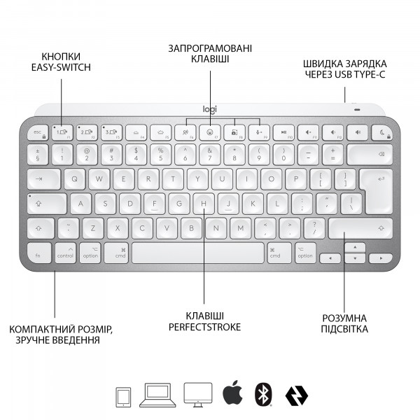Фото - Клавіатура бездротова Logitech MX Keys Mini For Mac Pale Grey (920-010526)