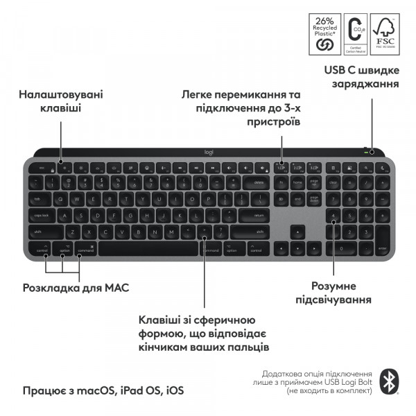 Фото - Клавіатура бездротова Logitech MX Keys S for Mac Space Grey (920-011637)