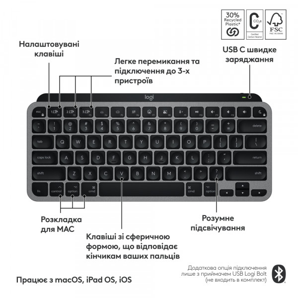 Фото - Клавиатура беспроводная Logitech MX Keys Mini For Mac Space Grey (920-012652)