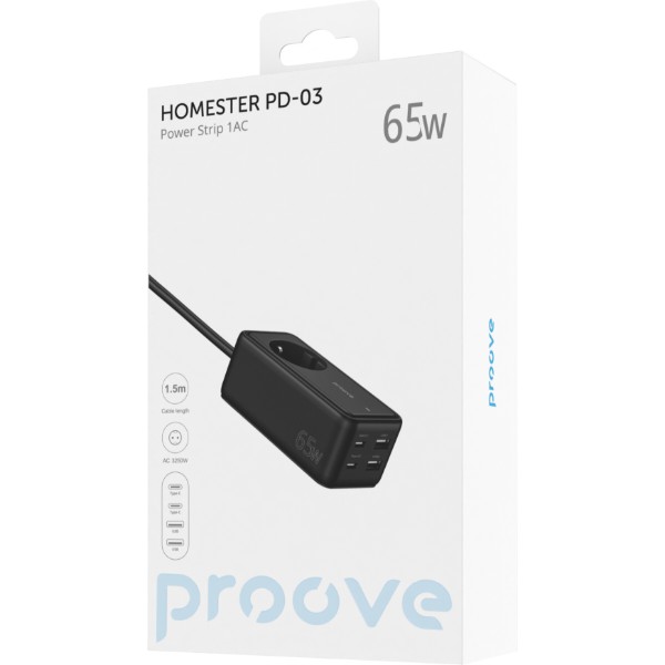 Фото - Сетевой фильтр Proove Power Strip Homester PD-03 1AC 65W 2 Type-C + 2USB Black (479280001)