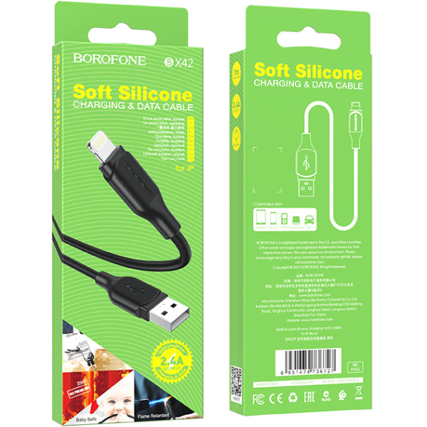 Фото - Кабель синхронізації даних BOROFONE BX42 USB to iP 2.4A, 1m Black (6931474736727)