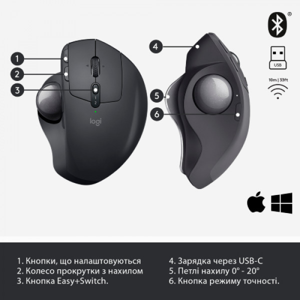 Фото - Мышь беспроводная Logitech MX Ergo Bluetooth Graphite (910-005179)