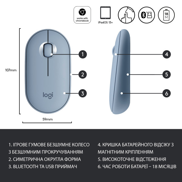 Фото - Мышь беспроводная Logitech Pebble M350 USB Blue/Grey (910-005719)