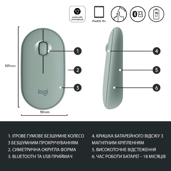 Фото - Мышь беспроводная Logitech Pebble M350 USB Eucalyptus (910-005720)