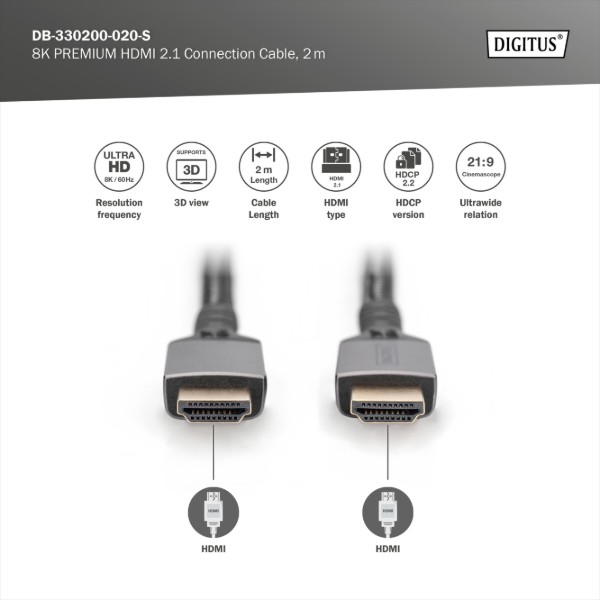 Фото - Кабель HDMI Digitus HDMI (M/M), 8K, Ultra High speed/Ethernet, 2 м Black (DB-330200-020-S)