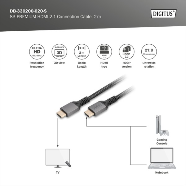 Фото - Кабель HDMI Digitus HDMI (M/M), 8K, Ultra High speed/Ethernet, 2 м Black (DB-330200-020-S)