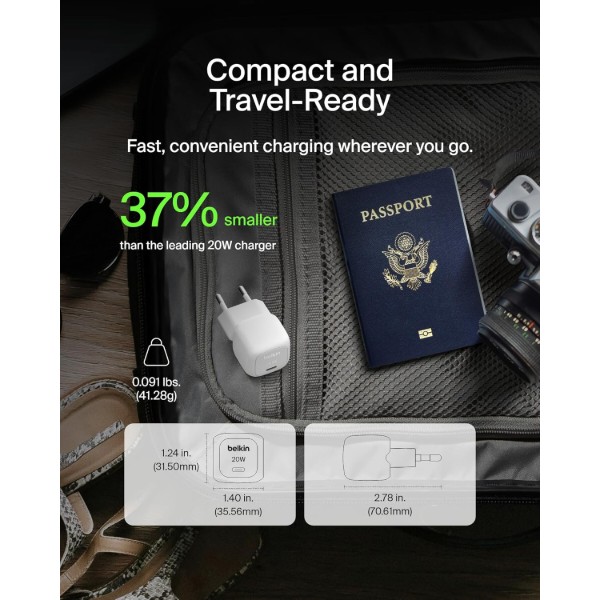 Фото - Сетевое зарядное устройство Belkin 20Вт USB-С PD PPS, кабель USB-С - USB-C, 1м White (WCA009KQ1MWH-B6)