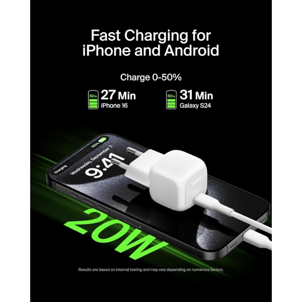 Фото - Сетевое зарядное устройство Belkin 20Вт USB-С PD PPS, кабель USB-С - USB-C, 1м White (WCA009KQ1MWH-B6)