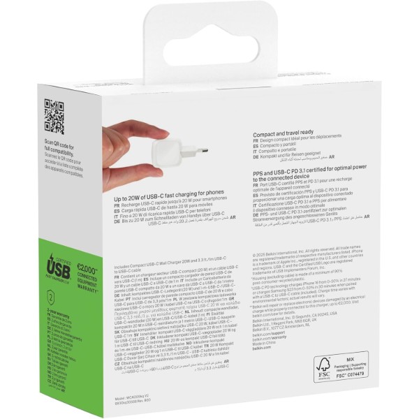 Фото - Сетевое зарядное устройство Belkin 20Вт USB-С PD PPS, кабель USB-С - USB-C, 1м White (WCA009KQ1MWH-B6)