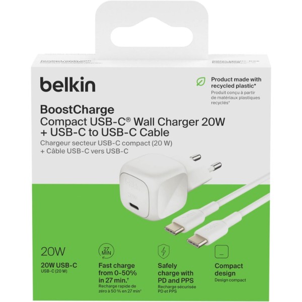 Фото - Сетевое зарядное устройство Belkin 20Вт USB-С PD PPS, кабель USB-С - USB-C, 1м White (WCA009KQ1MWH-B6)
